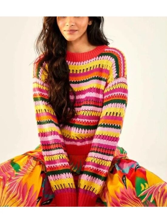 FARM Rio Sweaters - Farm Rio Fruit Dream Crochet Knit Striped Cotton Sweater Size Small
